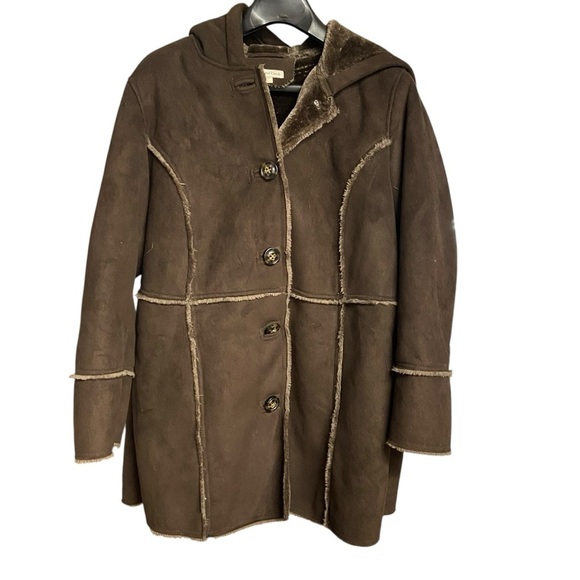 Coldwater Creek Coat Brown Faux Shearling Suede Fur Size XL (16) Winter Jacket - Picture 3 of 14